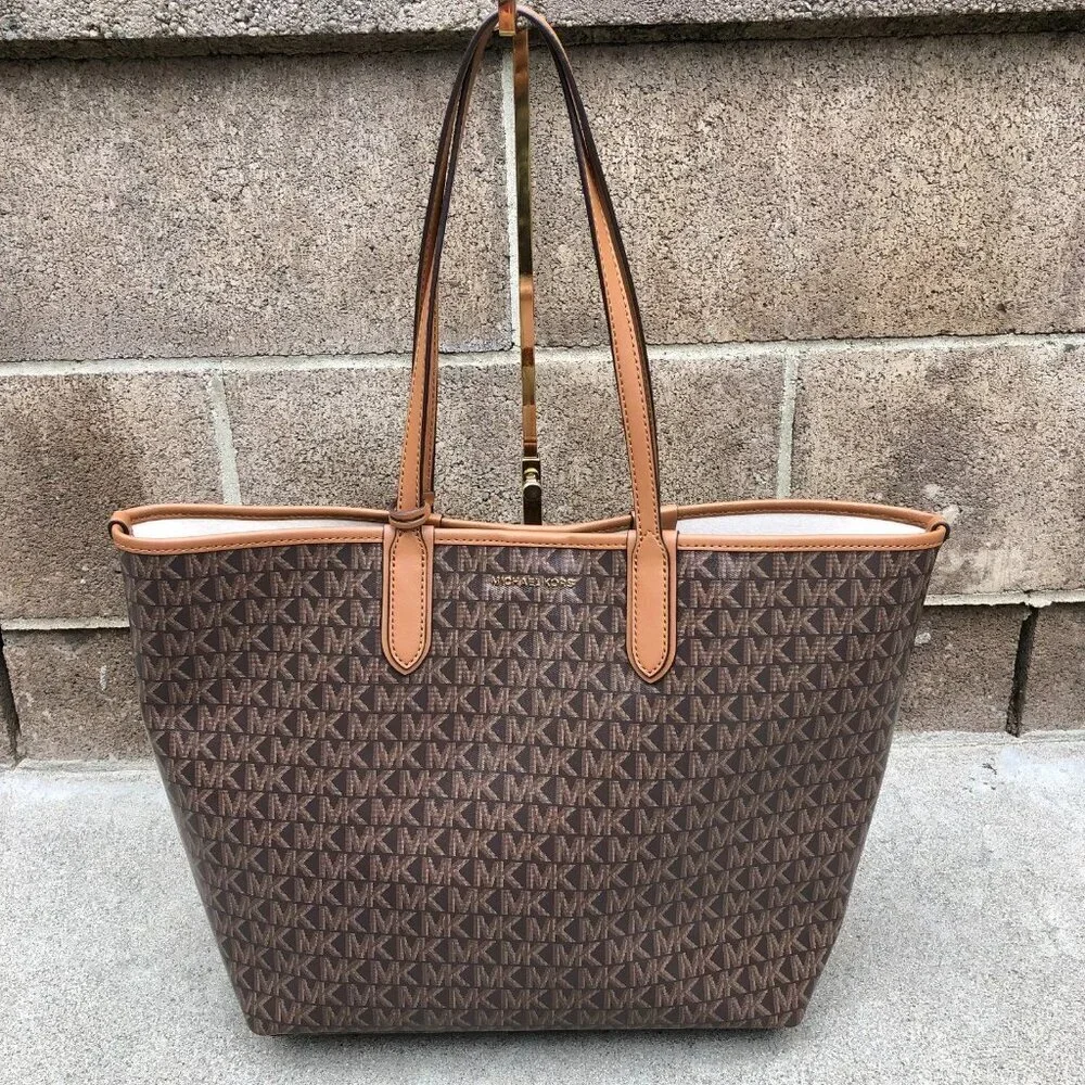 MICHAEL KORS Eliza All Over Tote Bag Purse Monogram Shoulder Bag Brown East West
